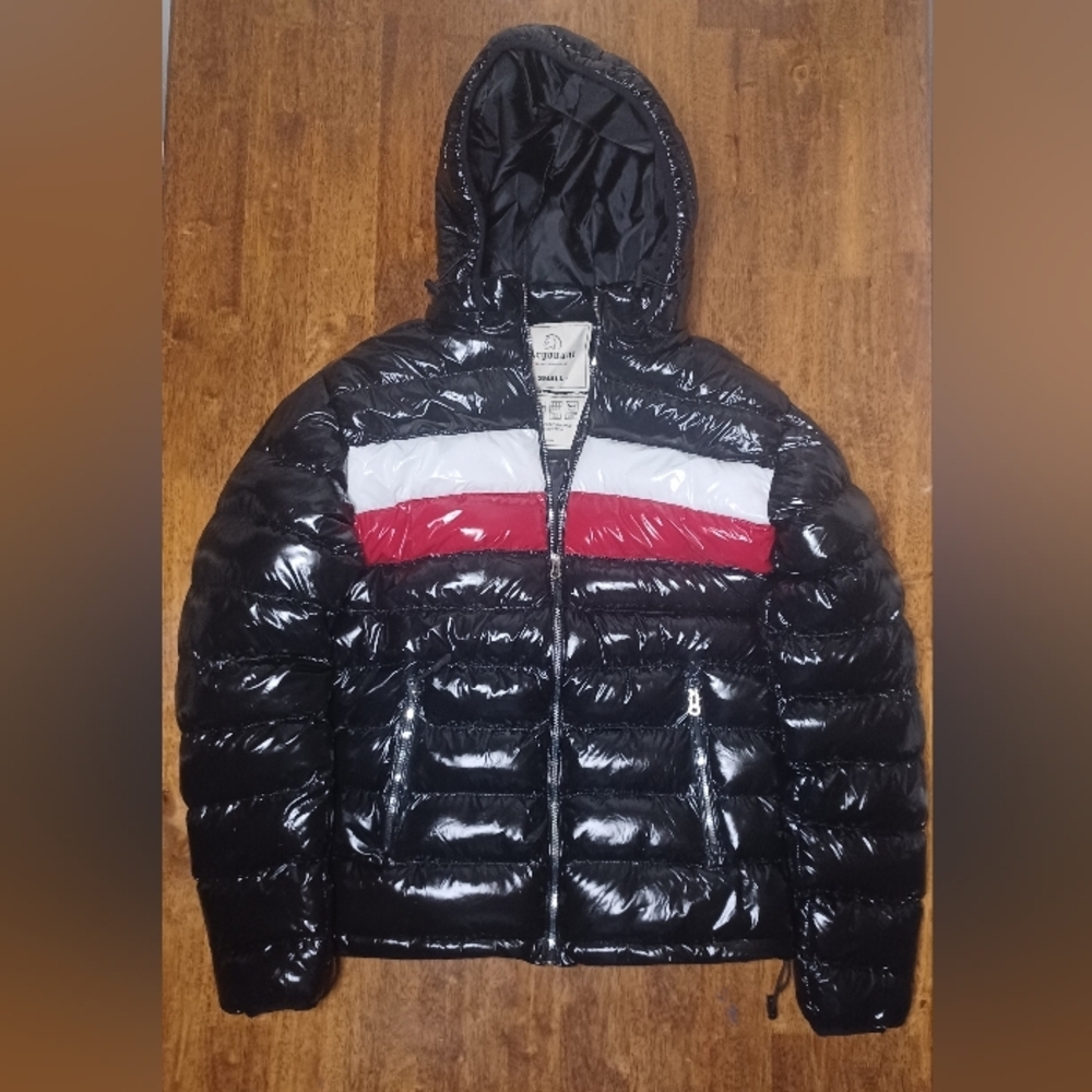Men's Black Puffer Jacket with Red and White Stripes